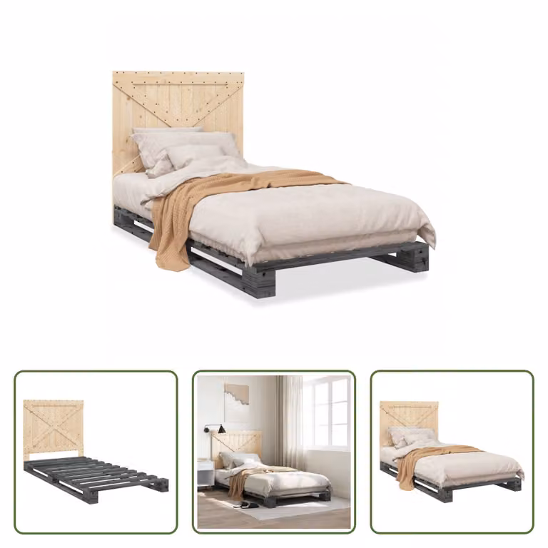 The Living Store Letto in legno massiccio con testiera grigio 100x200 cm pino