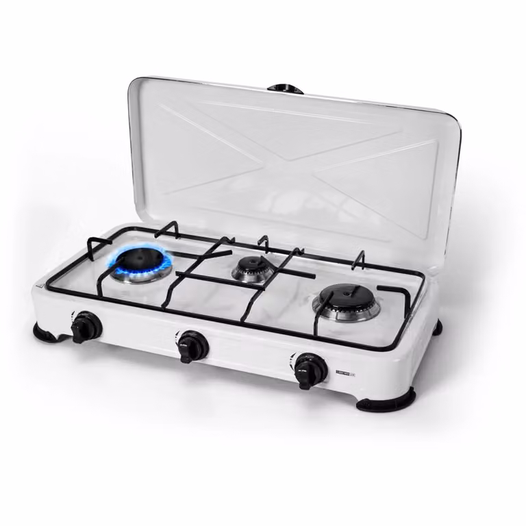 DICTROLUX Fornello a Gas con 3 Fuochi e Coperchio in Alluminio Bianco L: 57 cm, P: 27 cm