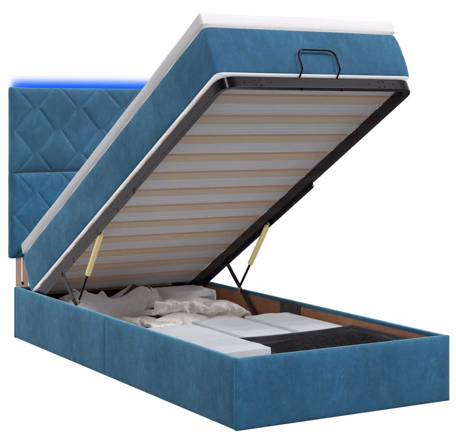 Panca contenitore in stile ottomano con materasso e luci LED, colore blu scuro, dimensioni 100 x 200 cm, rivestita in velluto