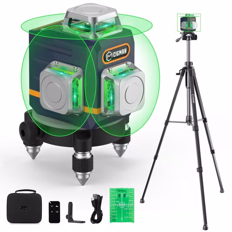 Livella laser a croce, 3x360 gradi - Laser verde - Con treppiede in alluminio - Autolivellante - Livella laser per edilizia