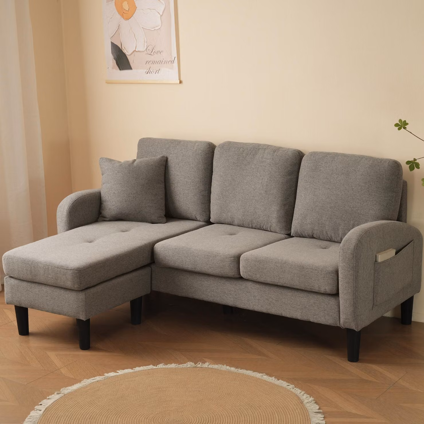 Divano angolare a forma di L ZR Home moderno con chaise longue reversibile, rivestimento in tessuto, cuscini inclusi, L/P/H: 166 x 118 x 77 cm, Grigio – 2