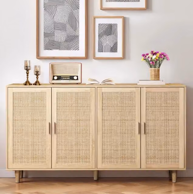 Mobile contenitore con 4 ante in rattan naturale, 158 x 40 x 88 cm, gambe in legno massello