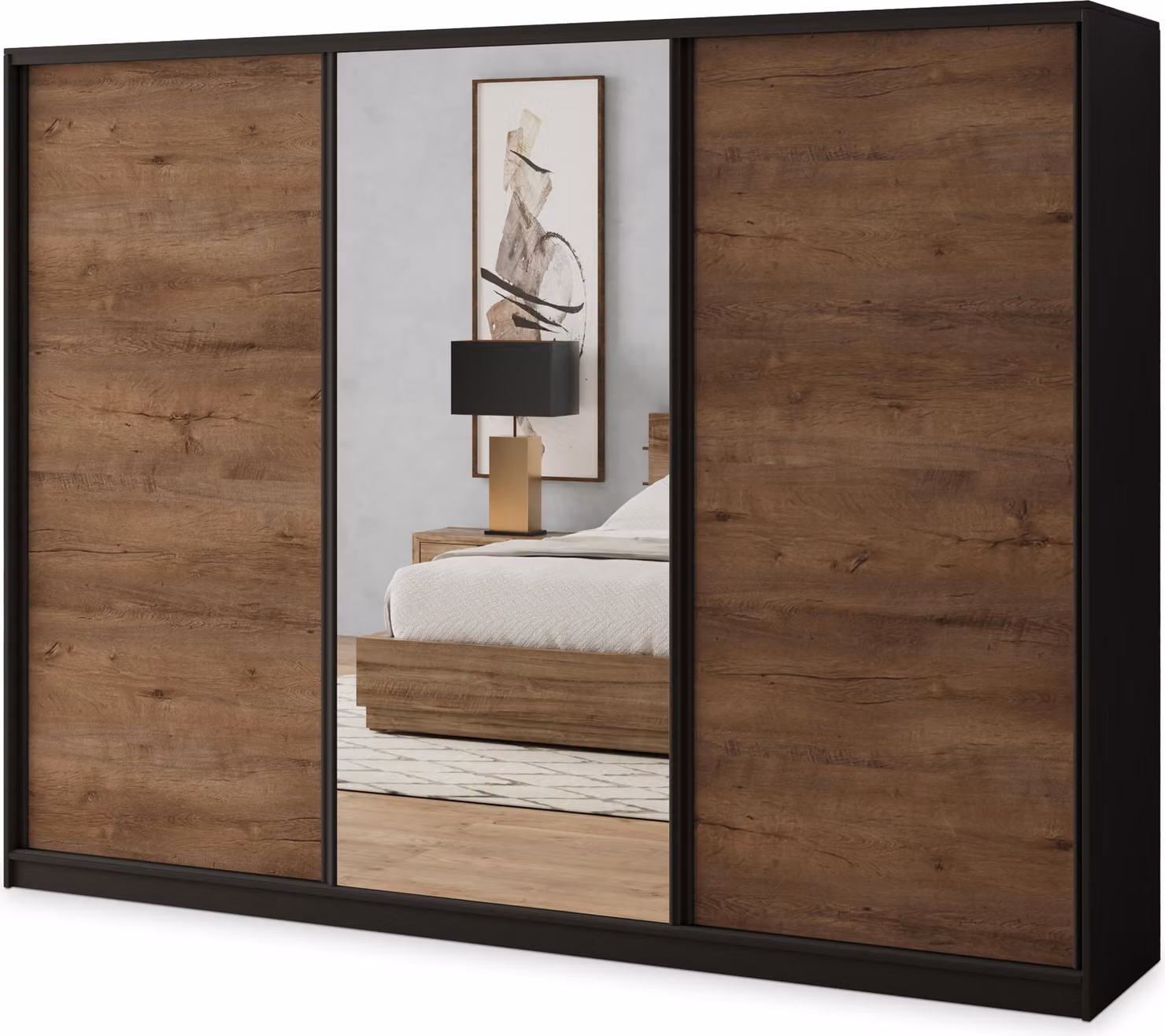 Armadio scorrevole Masseno SORE 270/205/58 cm Armadio con 4 cassetti Armadio per camera da letto a 3 ante con specchio Nero / Rovere Lefkas