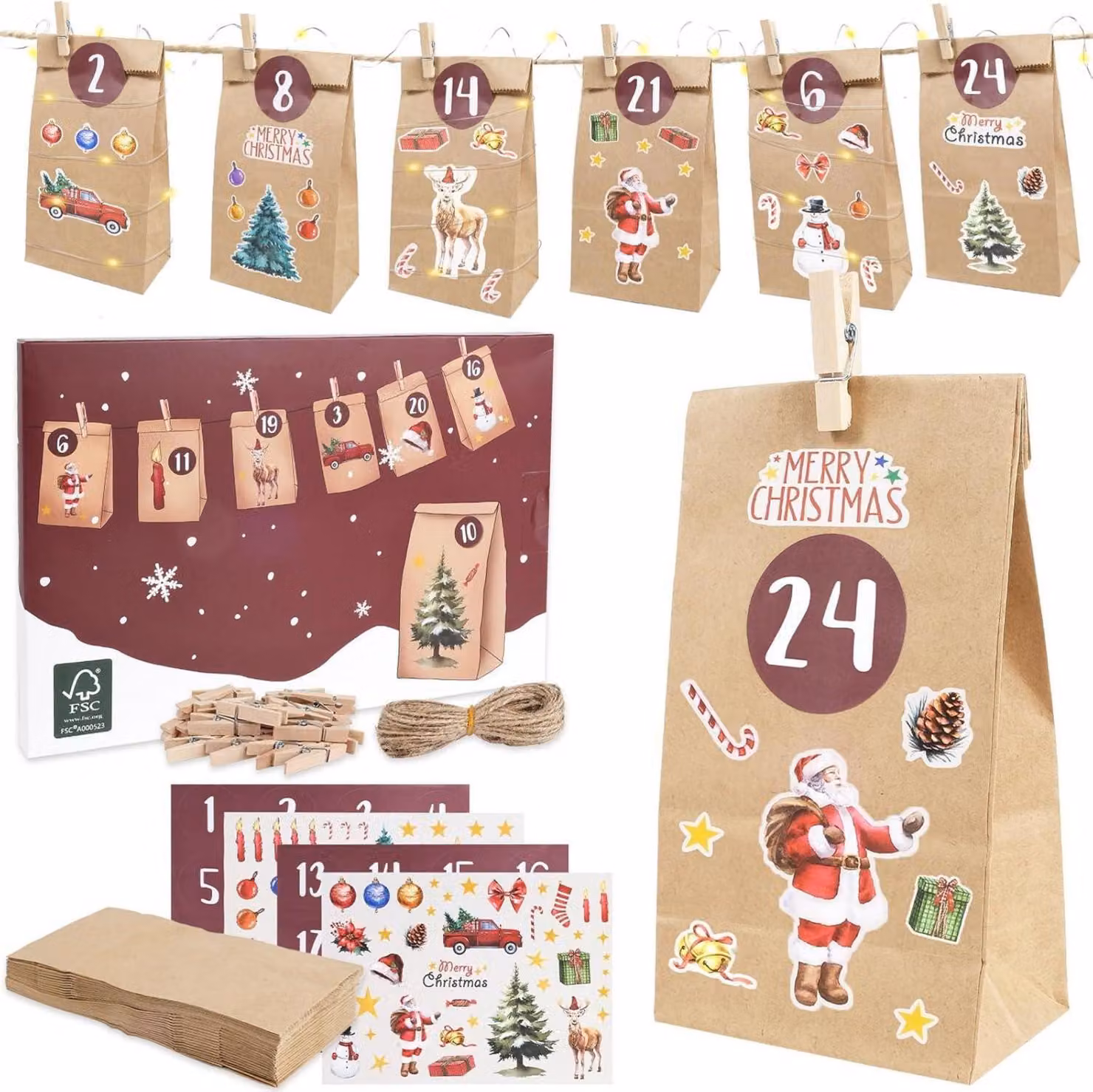 RUBY Calendario dell'Avvento 2024 fai da te per bambini Regali di Natale Fili di iuta Morsetti di legno