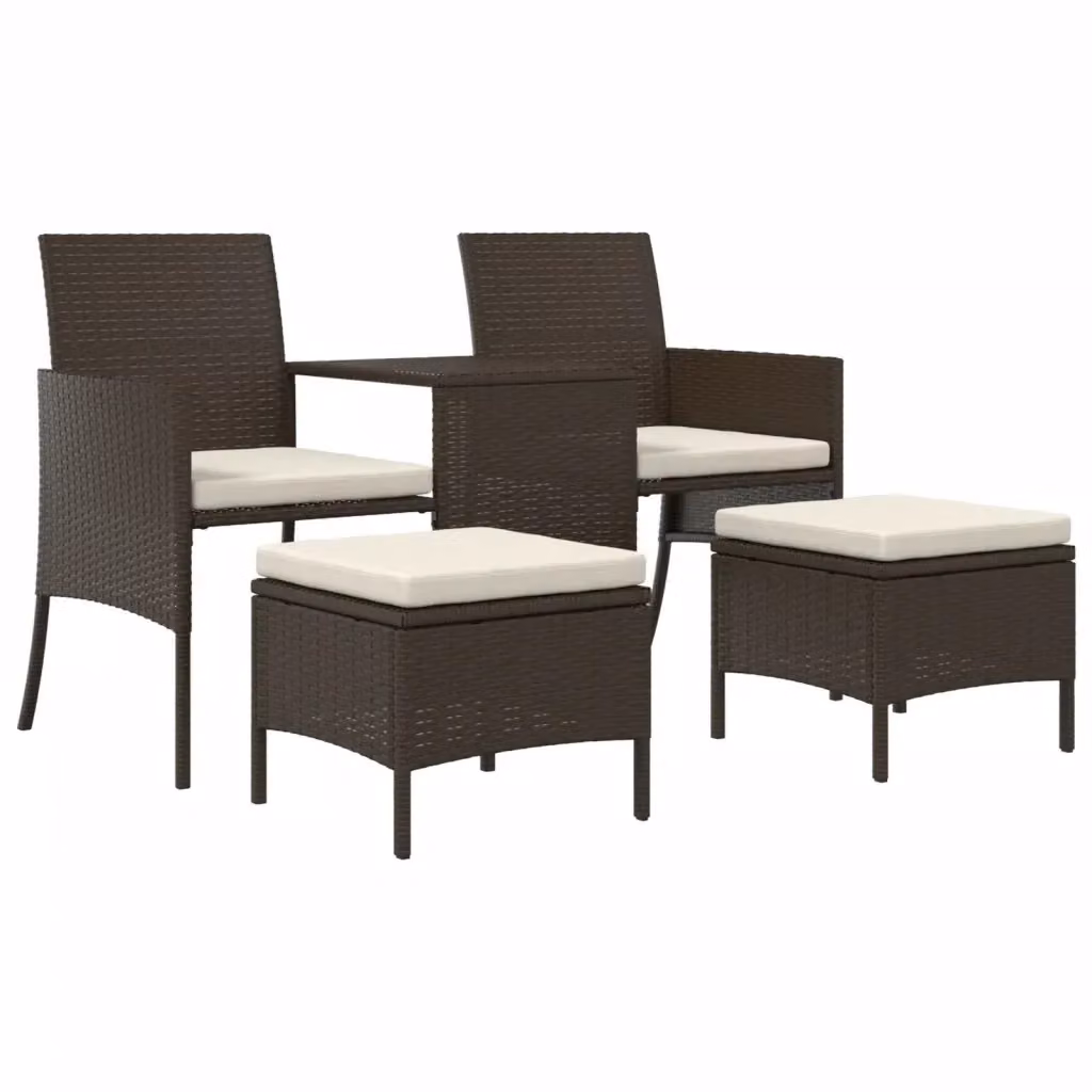 Set da giardino vidaXL composto da divano a 2 posti, tavolino e pouf in rattan marrone con cuscini bianchi e struttura in acciaio – 2