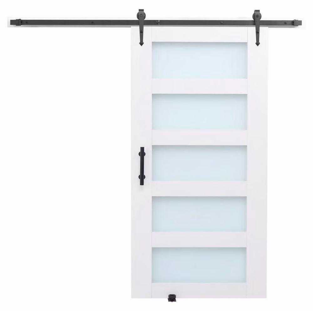 Porta scorrevole in stile rustico - 42 x 84 pollici - Rivestimento in PVC impermeabile - Pannello in MDF e vetro satinato - Bianco