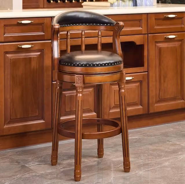 Sgabello da bar girevole 360° con schienale; seduta 29;5”; pelle e legno nero