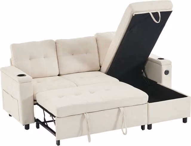 Divano angolare Treviso beige 208x146x89,5 cm con letto estraibile, contenitore nascosto e illuminazione LED controllata via app