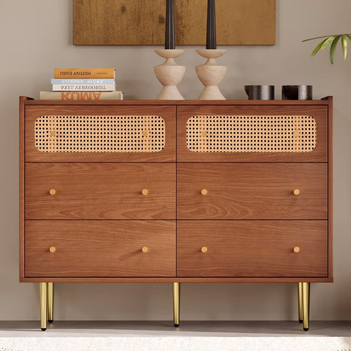 Comodino con 6 cassetti, mobile contenitore in rattan, finitura effetto noce, dimensioni 120x40x90 cm