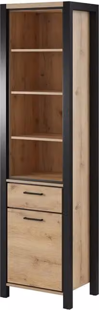Vetrina alta collezione TIVORA. Colore quercia e nero. LED inclusi