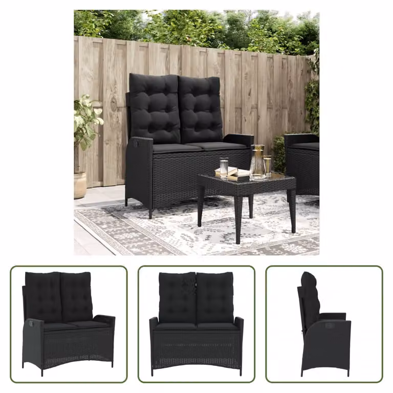 The Living Store Panca da giardino regolabile con cuscini in poly rattan nero