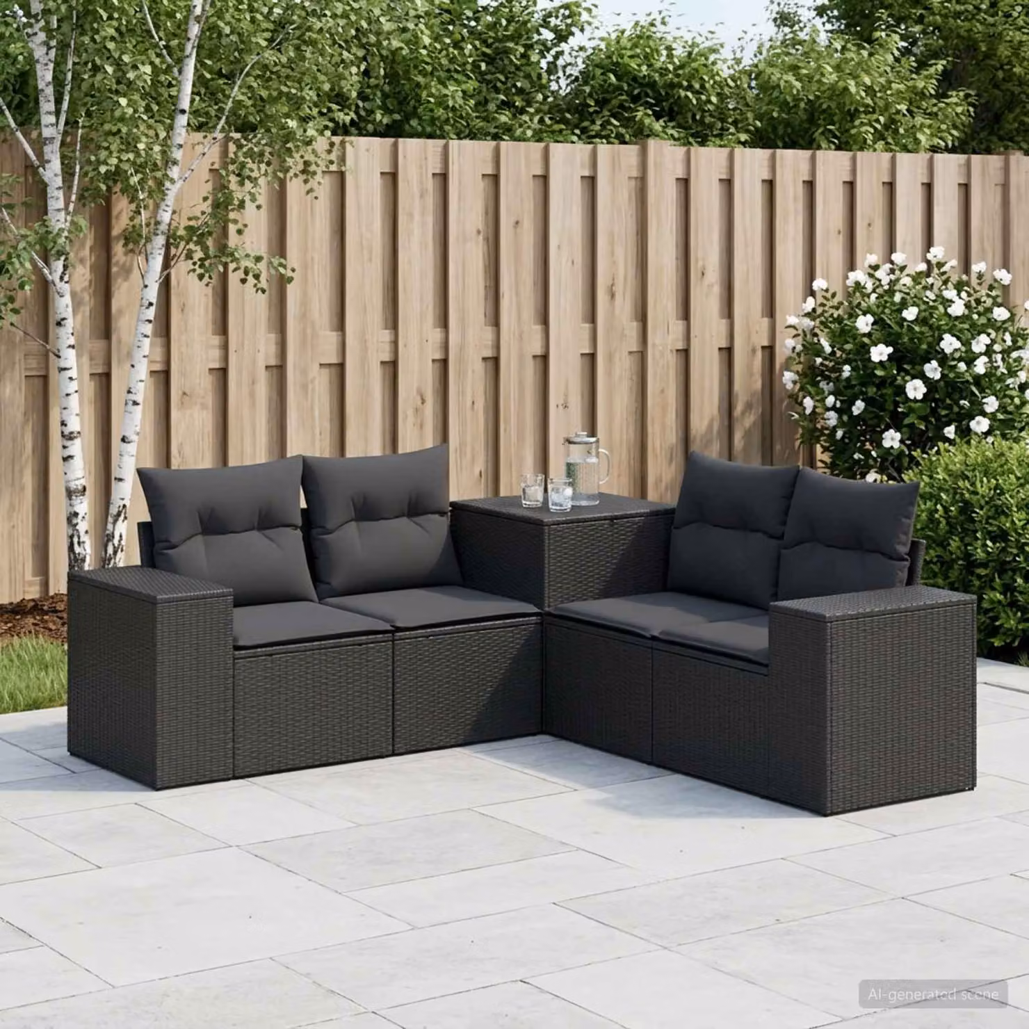 Set di divani da giardino vidaXL a forma di L con 5 pezzi, colore nero, in rattan sintetico e acciaio verniciato a polvere, comprensivo di cuscini imbottiti e pouf