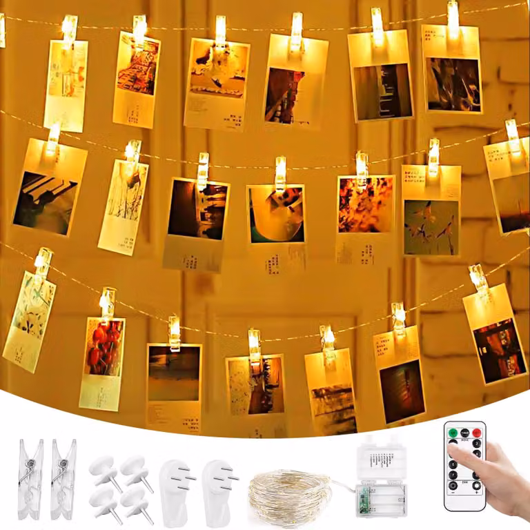 Catena luminosa da 10 metri, con 100 LED, dotata di clip, telecomando, timer e luce bianco caldo