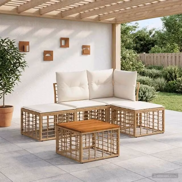 Set di divani da esterno 5 pz Naturale e Bianco Crema 3437446