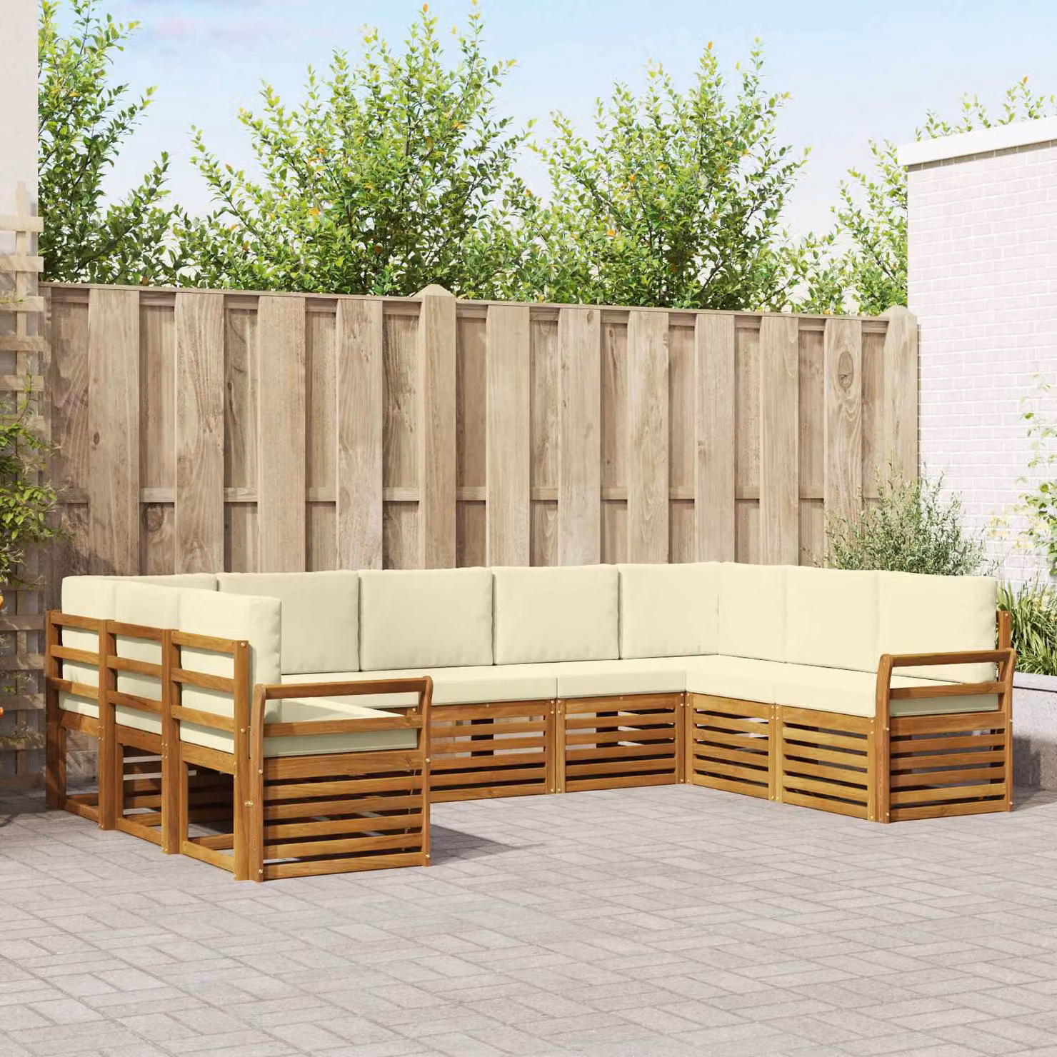 Set di divani da esterno vidaXL a forma di L in legno di acacia con cuscini, beige e bianco