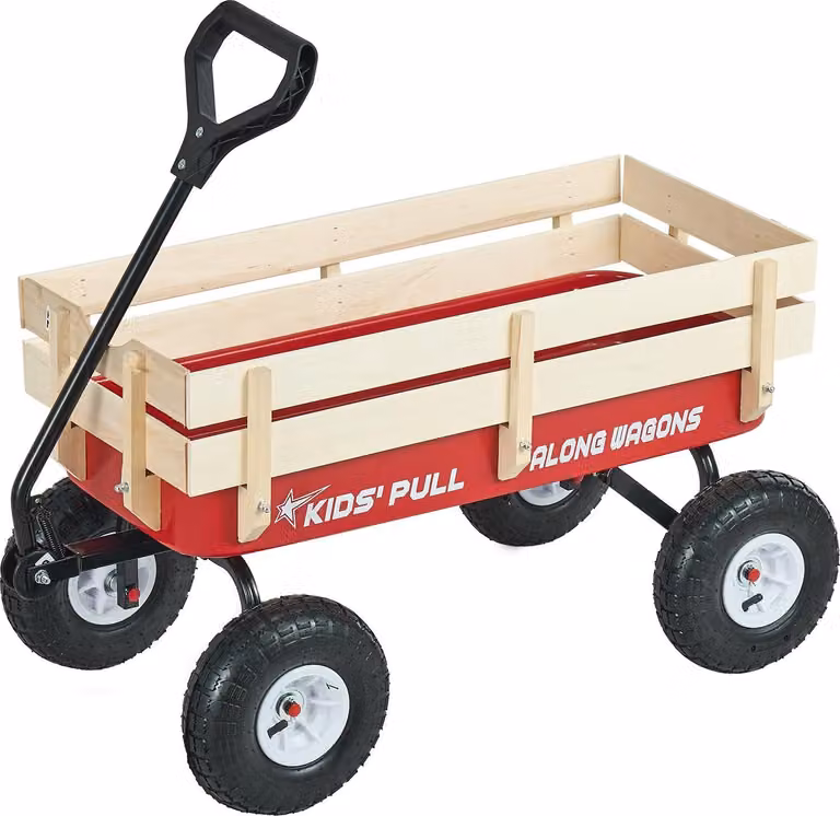 Carrello a mano per bambini - Carrello a mano/carrello da trasporto - Lunghezza 102 cm - Con barra di spinta - Legno e metallo - Capacità di carico 150 kg - Dai 5 anni in su - Rosso/nero