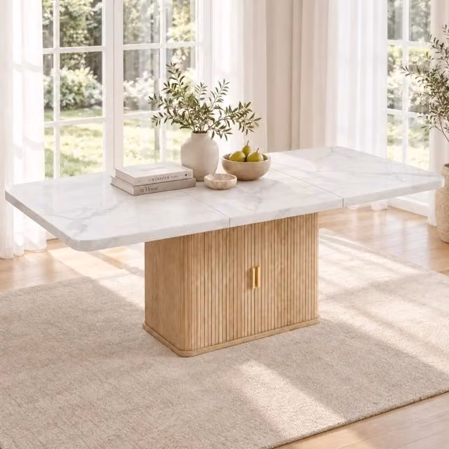 Tavolo da pranzo allungabile 150 a 200 cm in MDF per 6 a 8 persone con contenitore effetto marmo e rovere