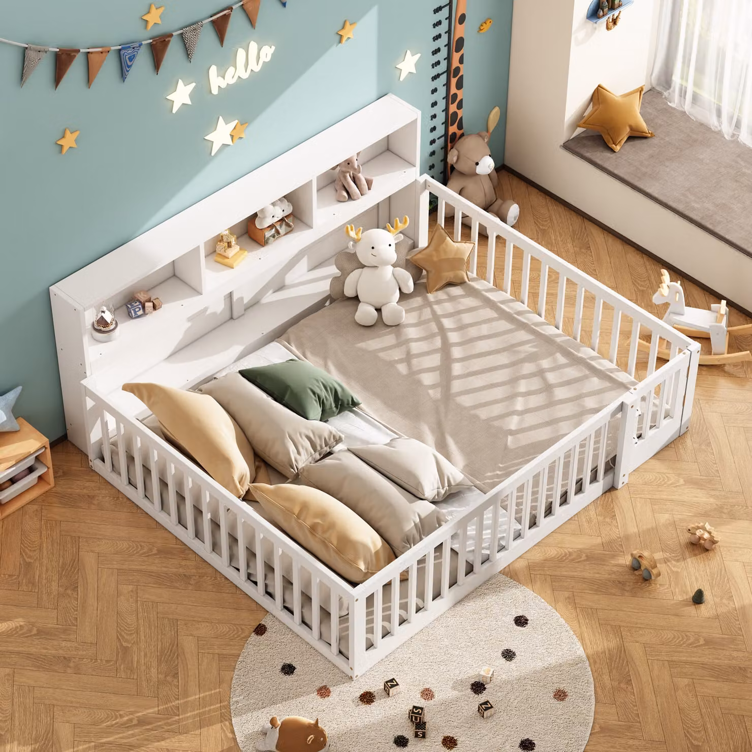 okwish divano letto daybed 140x200cm con rete a doghe, daybed letto per bambini letto da terra con contenitore, letto per ragazzi in legno con parapetto (con materasso) - bianco