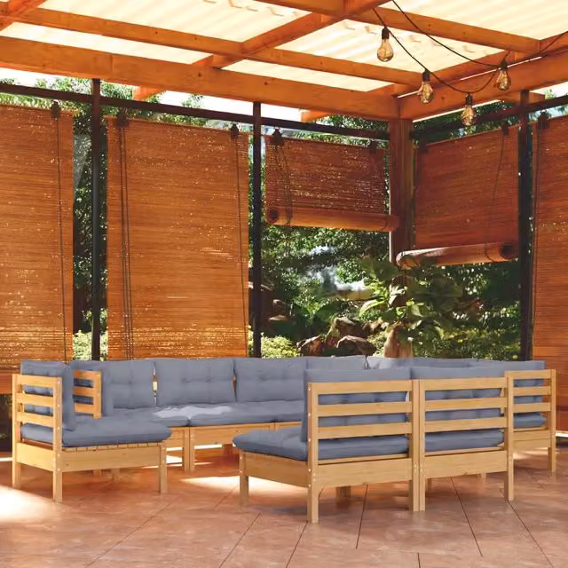 Set Divani da Giardino 9 pz con Cuscini Grigi Massello di Pino 3096742