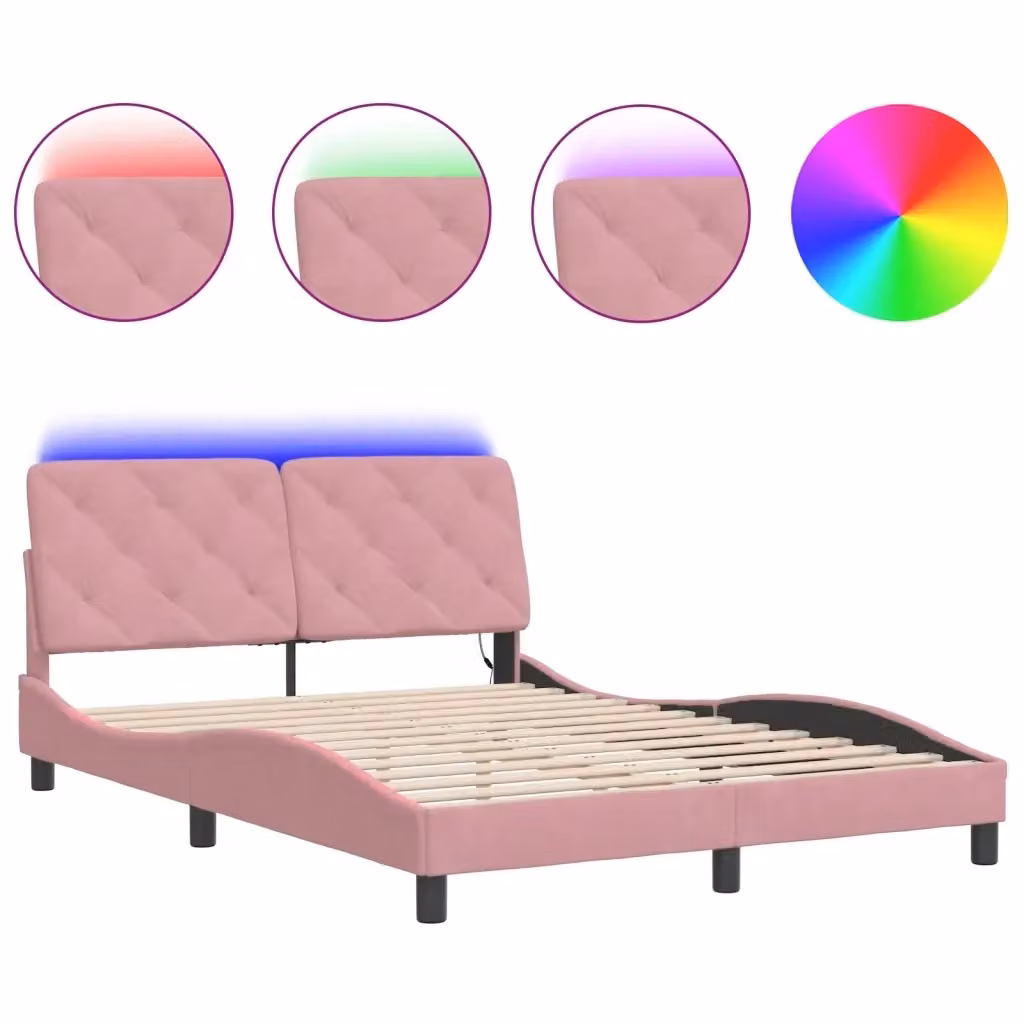 vidaXL Giroletto in Velluto Rosa con Illuminazione LED e Porta USB, L 140 x P 200 cm – 2