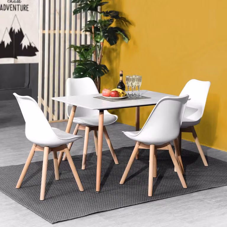 Tavolo rettangolare con 4 sedie in stile scandinavo, colore bianco