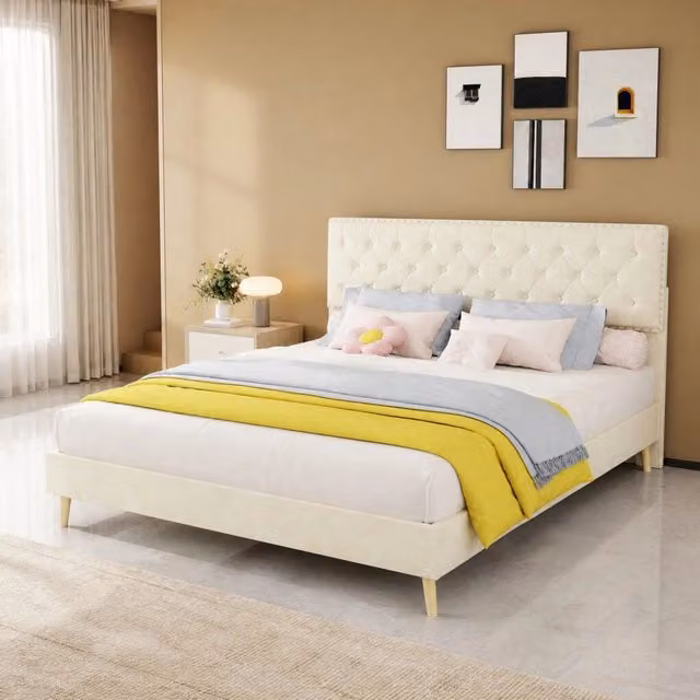 Letto imbottito 160x200 cm beige con testiera alta e spazio contenitore