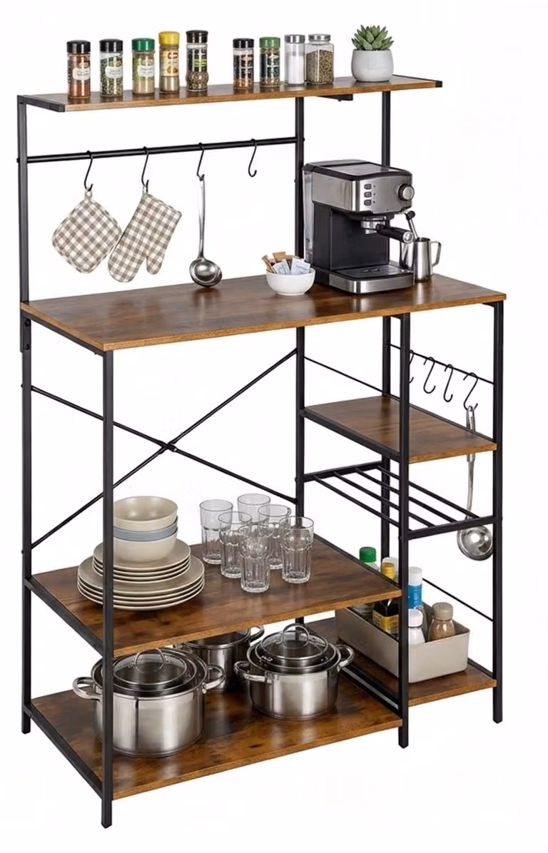 Ripiano portaoggetti per cucina Relaxdays, con 7 ripiani, 8 ganci, dimensioni: 123 x 80 x 40 cm, realizzato in MDF e ferro, stile industriale, ideale come scaffale per panettiere, colore marrone/nero