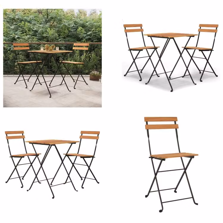 vidaXL Set Bitro 3 pezzi pieghevole in legno massiccio Teak e acciaio - Set Bistro - Set Bistro - Set Bistro pieghevole - Set arredo giardino
