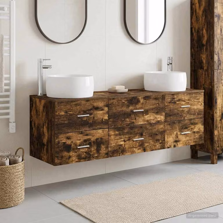 Set di mobili per il bagno moderno vidaXL in 3 pezzi colore rovere fumo con cassetti e ante, L: 49,5 cm, P: 44,5 cm, H: 66 cm