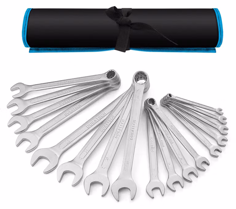Set di 17 chiavi a bussola, chiavi aperte, finitura cromata opaca, acciaio cromo-vanadio, da 6 a 22 mm