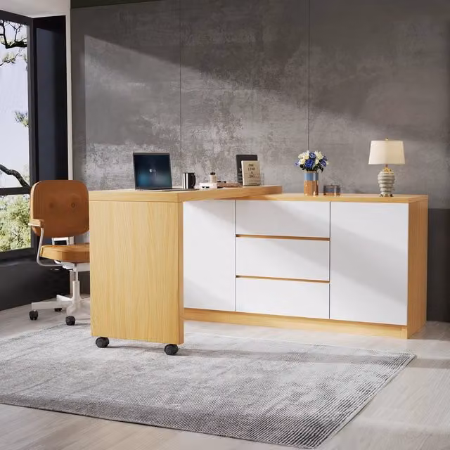 Scrivania angolare con ruote ¨C Minimal ¨C bianco rovere, piano 4cm regolabile, 90x50cm