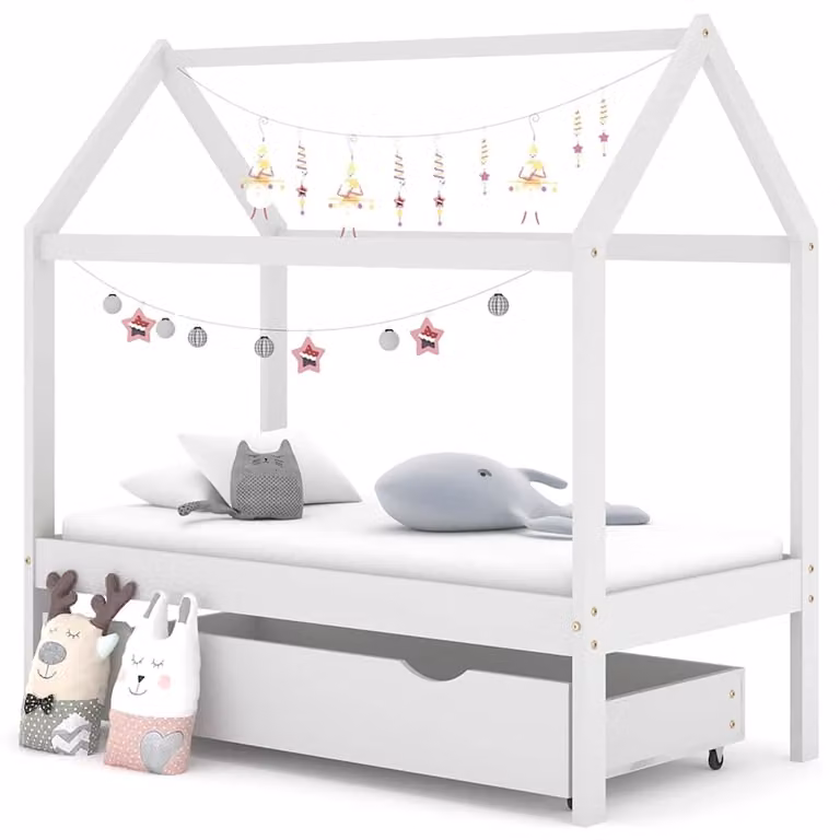 vidaXL Giroletto per Bambini in Pino Massello Bianco con Cassetto L/P/H: 140 x 70 x 77 cm