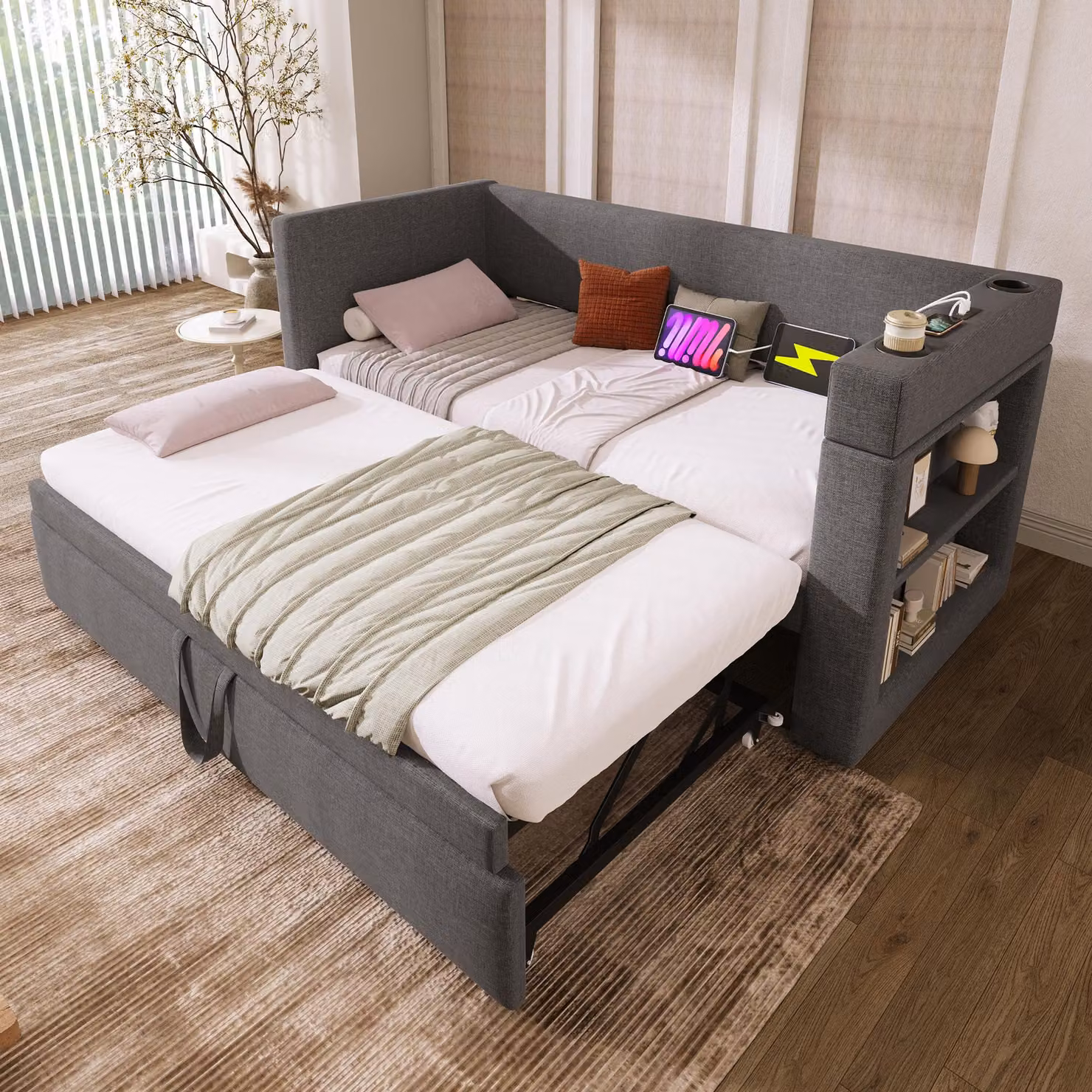 Divano letto STILVORA 90x190 con letto estraibile e portabicchieri, divano prendisole con porta USB e Type-C e spazio contenitore, letto singolo in lino, senza materasso, colore grigio
