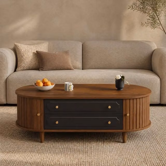 Tavolino da salotto ULEVR 100x50x36 cm con 2 cassetti e 2 ante avvolgibili, nero e effetto noce