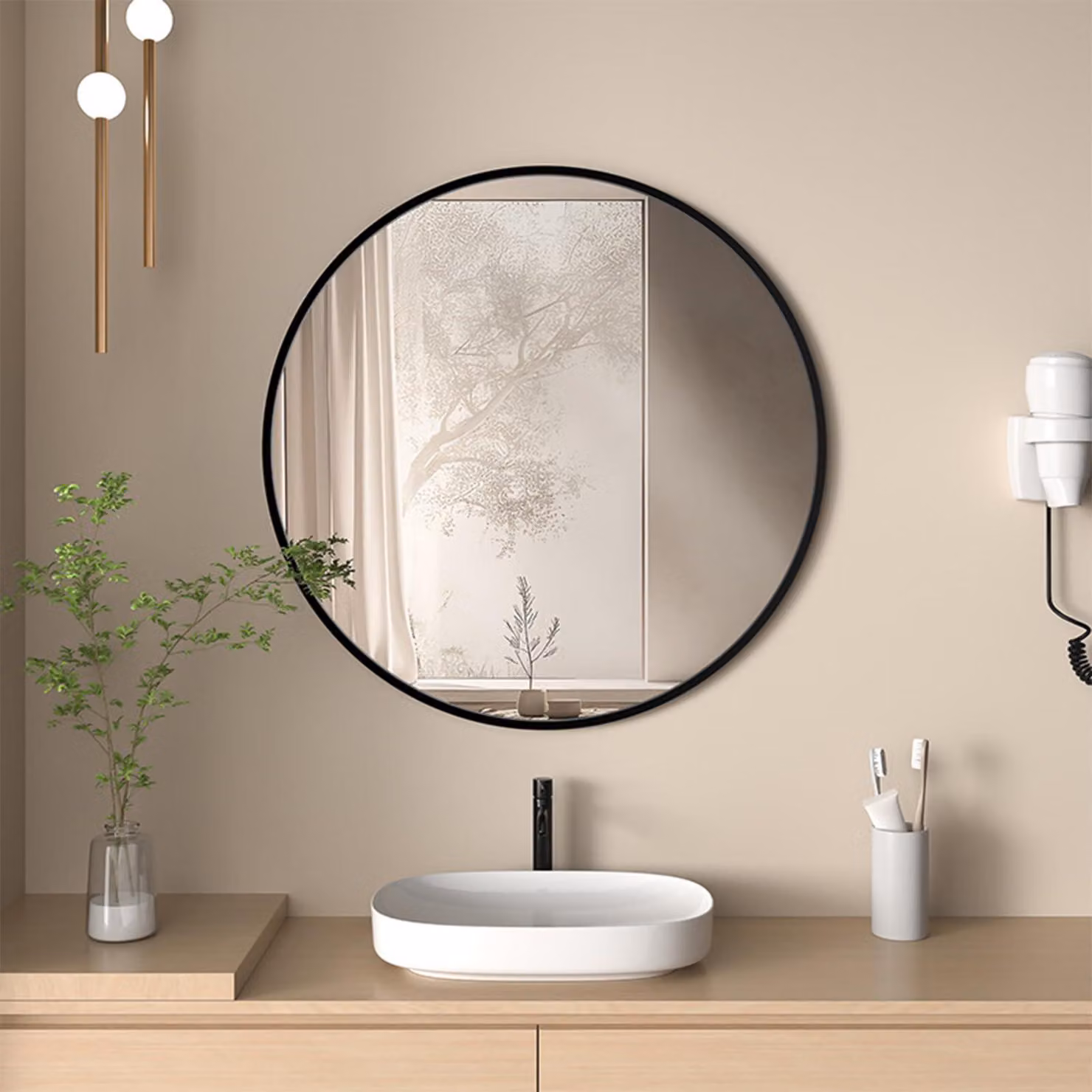 Specchio da bagno rotondo, diametro 60 cm, cornice in alluminio nero, montaggio a parete, vetro HD