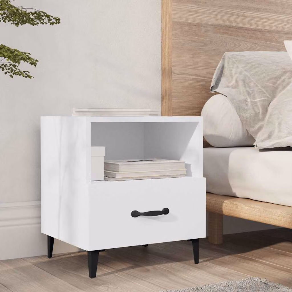 Comodino moderno vidaXL in legno e metallo bianco opaco per camera da letto L: 47,5 cm, P: 35,0 cm, H: 40,0 cm