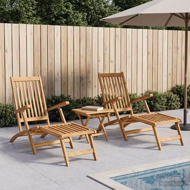 Set di 2 sedie a sdraio pieghevoli con tavolo vidaXL in legno di teak marrone naturale con poggiatesta regolabile e braccioli – 1