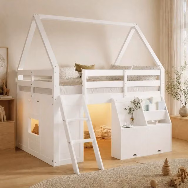 Letto a soppalco per bambini 140 × 200 cm con scala, LED, contenitori e tasche, senza materasso, bianco