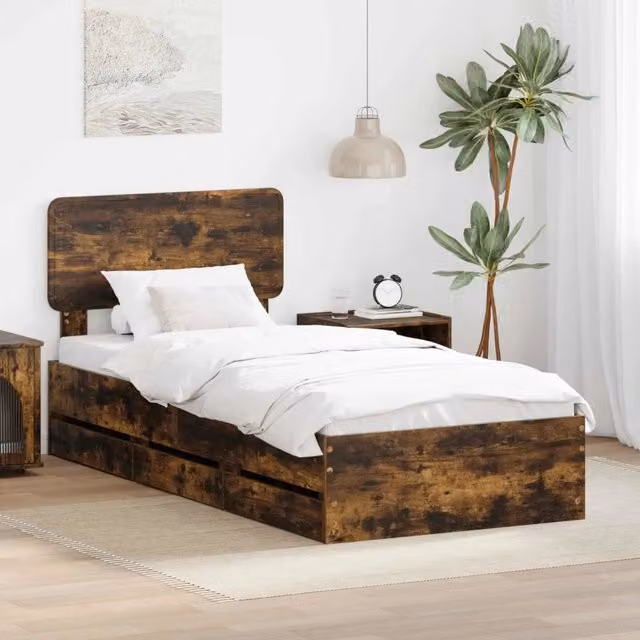 Struttura del letto con cassetto-Giroletto con contenitore-Rete del Letto Quercia Affumicata 90 x 200 cm 984017