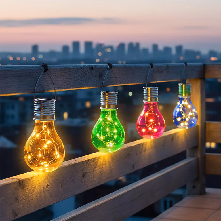 Lampadina solare in plastica gialla, blu, verde e rosa, 15 cm - Set da 4 - Lampada decorativa a LED resistente alle intemperie da appendere all'esterno