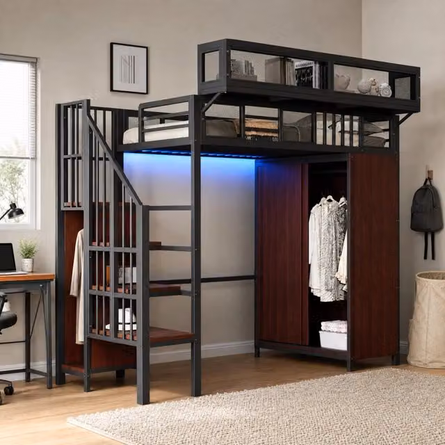 Letto a soppalco in metallo 90x200 cm con armadio, scala di sicurezza, illuminazione LED e sponde in rete, nero