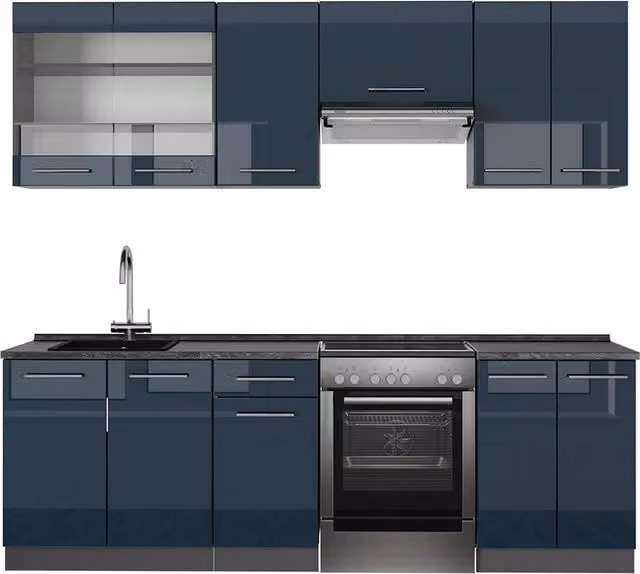 Cucina componibile moderna Vicco Fame-Line Blu scuro lucido e Antracite L: 240 cm
