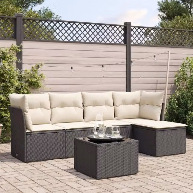 Set Divano da Giardino 6 pz con Cuscini-Sofa da Giardino-Divanetto da esterno Nero in Polyrattan 667137