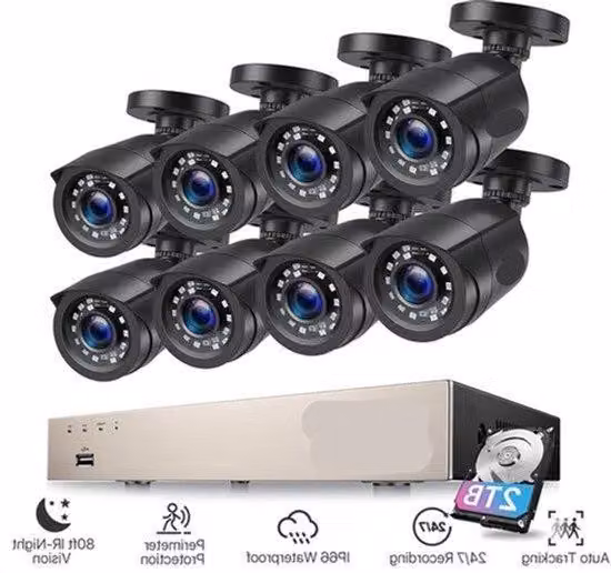 Kit di telecamere di videosorveglianza - Telecamera IP a 8 canali, grado di protezione IP66 (resistente all'acqua), risoluzione 5MP/1080p - Hard disk da 1TB - Visione notturna - Set da 8 pezzi - Colore nero