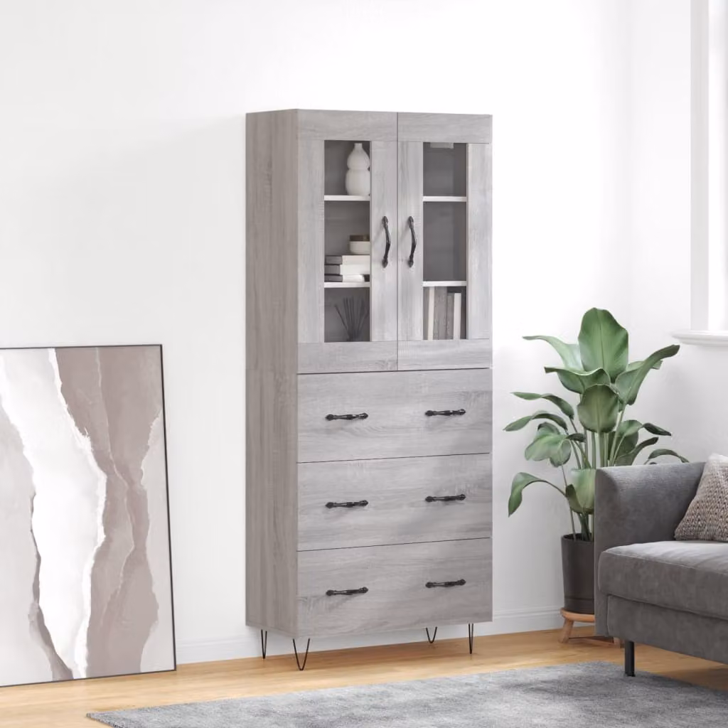 Credenza stile industrial vidaXL in legno e vetro con ante in vetro, Grigio, L: 69,5 cm, P: 34 cm, H: 180 cm