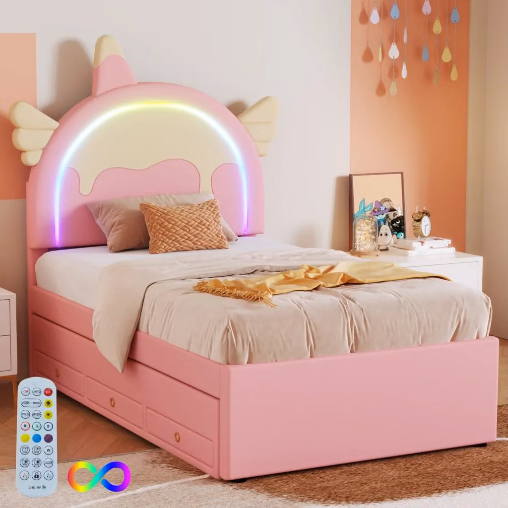 Letto Singolo con Testiera a Unicorno e Letto Estraibile Chicfurn, Rosa, L/P/H: 90 x 200 x 94 cm – 2