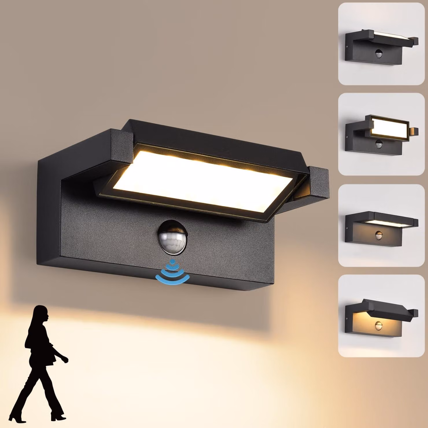 Lampada da parete a LED con sensore di movimento, 22 W, grado di protezione IP65, 3000 K, colore nero