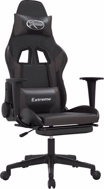 Sedia da Gaming Sportiva con Poggiapiedi e Riposatesta in Similpelle, Colore Nero e Grigio – 1