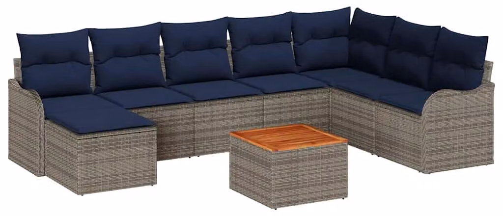 Set di divani da giardino, 9 pezzi, colore grigio, in rattan sintetico