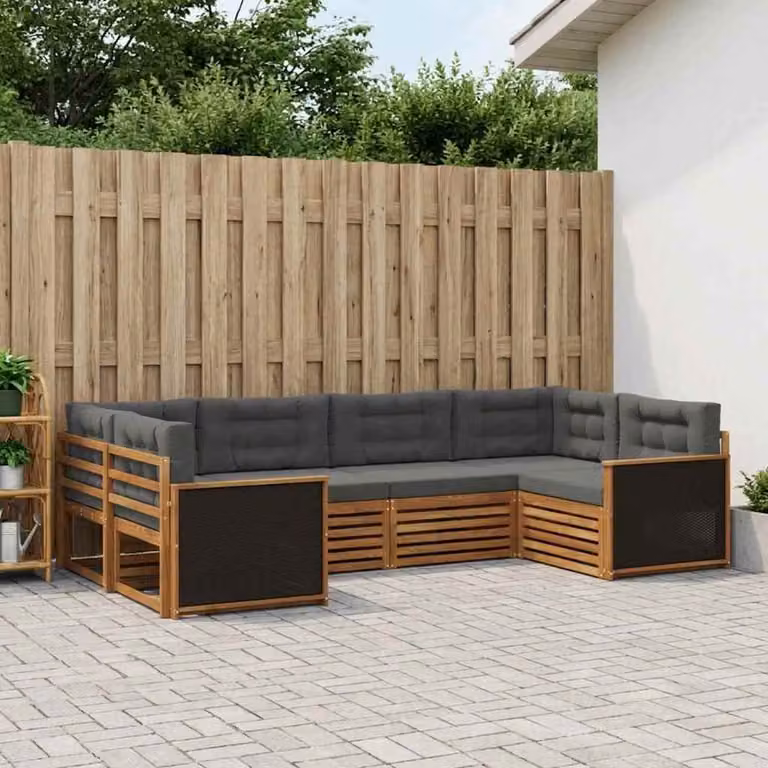 vidaXL Set di divani da esterno a L in legno di acacia con cuscini, beige e antracite